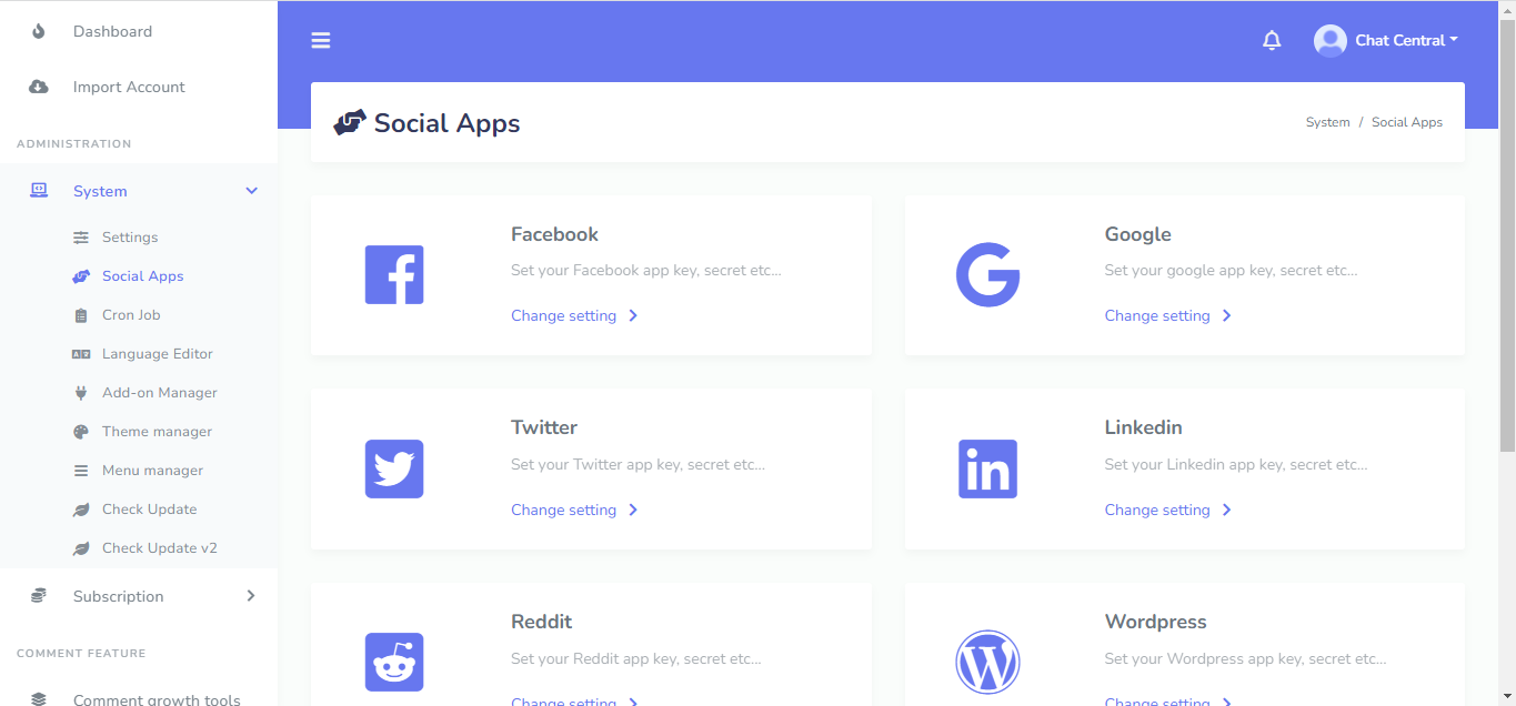 Chat Central Dashboard